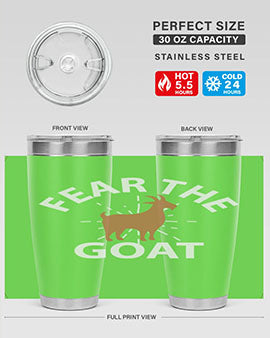 Fear the Goat Style 4# Tumbler in stainless steel with a vibrant design, showcasing its double wall vacuum insulation and drink-thru lid.