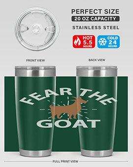 Fear the Goat Style 4# Tumbler in stainless steel with a vibrant design, showcasing its double wall vacuum insulation and drink-thru lid.
