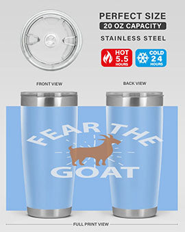 Fear the Goat Style 4# Tumbler in stainless steel with a vibrant design, showcasing its double wall vacuum insulation and drink-thru lid.