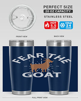 Fear the Goat Style 4# Tumbler in stainless steel with a vibrant design, showcasing its double wall vacuum insulation and drink-thru lid.