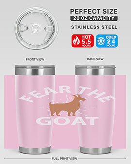Fear the Goat Style 4# Tumbler in stainless steel with a vibrant design, showcasing its double wall vacuum insulation and drink-thru lid.