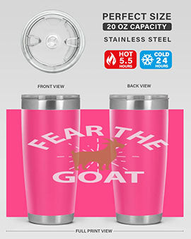 Fear the Goat Style 4# Tumbler in stainless steel with a vibrant design, showcasing its double wall vacuum insulation and drink-thru lid.