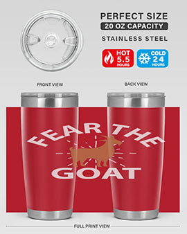 Fear the Goat Style 4# Tumbler in stainless steel with a vibrant design, showcasing its double wall vacuum insulation and drink-thru lid.