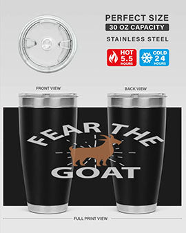 Fear the Goat Style 4# Tumbler in stainless steel with a vibrant design, showcasing its double wall vacuum insulation and drink-thru lid.
