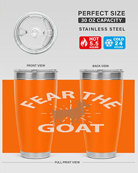 Fear the Goat Style 4# Tumbler in stainless steel with a vibrant design, showcasing its double wall vacuum insulation and drink-thru lid.