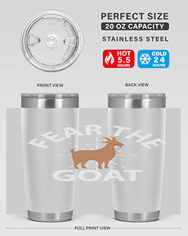 Fear the Goat Style 4# Tumbler in stainless steel with a vibrant design, showcasing its double wall vacuum insulation and drink-thru lid.
