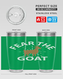 Fear the Goat Style 4# Tumbler in stainless steel with a vibrant design, showcasing its double wall vacuum insulation and drink-thru lid.