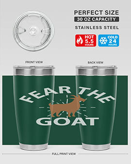 Fear the Goat Style 4# Tumbler in stainless steel with a vibrant design, showcasing its double wall vacuum insulation and drink-thru lid.