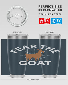 Fear the Goat Style 4# Tumbler in stainless steel with a vibrant design, showcasing its double wall vacuum insulation and drink-thru lid.