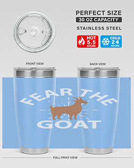 Fear the Goat Style 4# Tumbler in stainless steel with a vibrant design, showcasing its double wall vacuum insulation and drink-thru lid.