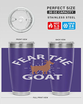 Fear the Goat Style 4# Tumbler in stainless steel with a vibrant design, showcasing its double wall vacuum insulation and drink-thru lid.