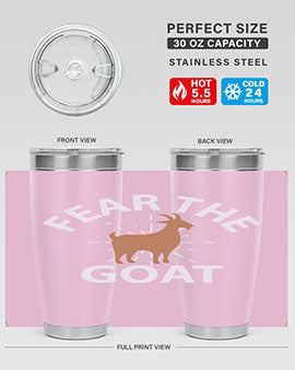 Fear the Goat Style 4# Tumbler in stainless steel with a vibrant design, showcasing its double wall vacuum insulation and drink-thru lid.
