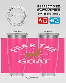 Fear the Goat Style 4# Tumbler in stainless steel with a vibrant design, showcasing its double wall vacuum insulation and drink-thru lid.