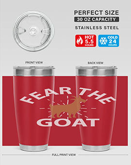 Fear the Goat Style 4# Tumbler in stainless steel with a vibrant design, showcasing its double wall vacuum insulation and drink-thru lid.