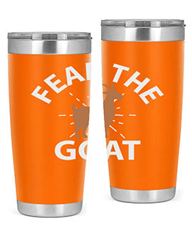 Fear the Goat Style 4# Tumbler in stainless steel with a vibrant design, showcasing its double wall vacuum insulation and drink-thru lid.