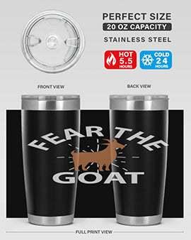 Fear the Goat Style 4# Tumbler in stainless steel with a vibrant design, showcasing its double wall vacuum insulation and drink-thru lid.