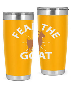 Fear the Goat Style 4# Tumbler in stainless steel with a vibrant design, showcasing its double wall vacuum insulation and drink-thru lid.