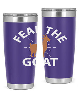 Fear the Goat Style 4# Tumbler in stainless steel with a vibrant design, showcasing its double wall vacuum insulation and drink-thru lid.