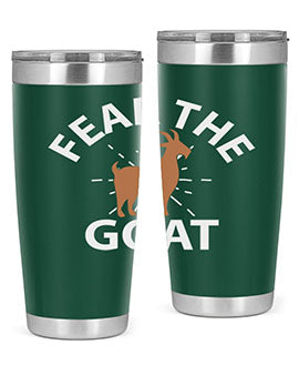 Fear the Goat Style 4# Tumbler in stainless steel with a vibrant design, showcasing its double wall vacuum insulation and drink-thru lid.