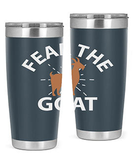 Fear the Goat Style 4# Tumbler in stainless steel with a vibrant design, showcasing its double wall vacuum insulation and drink-thru lid.