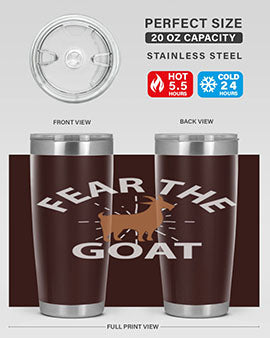 Fear the Goat Style 4# Tumbler in stainless steel with a vibrant design, showcasing its double wall vacuum insulation and drink-thru lid.