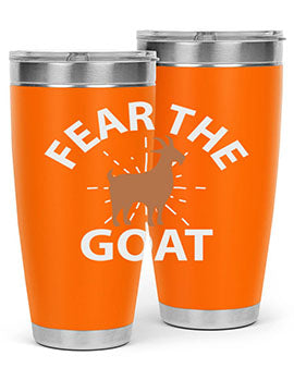Fear the Goat Style 4# Tumbler in stainless steel with a vibrant design, showcasing its double wall vacuum insulation and drink-thru lid.