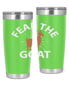 Fear the Goat Style 4# Tumbler in stainless steel with a vibrant design, showcasing its double wall vacuum insulation and drink-thru lid.