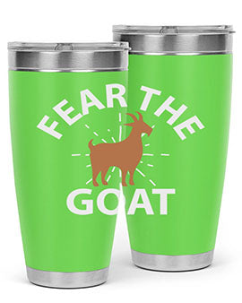 Fear the Goat Style 4# Tumbler in stainless steel with a vibrant design, showcasing its double wall vacuum insulation and drink-thru lid.