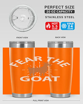 Fear the Goat Style 4# Tumbler in stainless steel with a vibrant design, showcasing its double wall vacuum insulation and drink-thru lid.