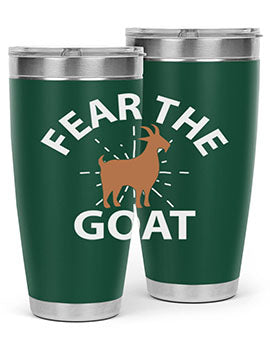 Fear the Goat Style 4# Tumbler in stainless steel with a vibrant design, showcasing its double wall vacuum insulation and drink-thru lid.