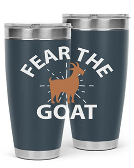 Fear the Goat Style 4# Tumbler in stainless steel with a vibrant design, showcasing its double wall vacuum insulation and drink-thru lid.