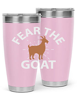 Fear the Goat Style 4# Tumbler in stainless steel with a vibrant design, showcasing its double wall vacuum insulation and drink-thru lid.