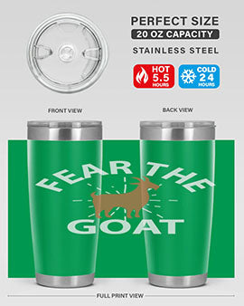 Fear the Goat Style 4# Tumbler in stainless steel with a vibrant design, showcasing its double wall vacuum insulation and drink-thru lid.