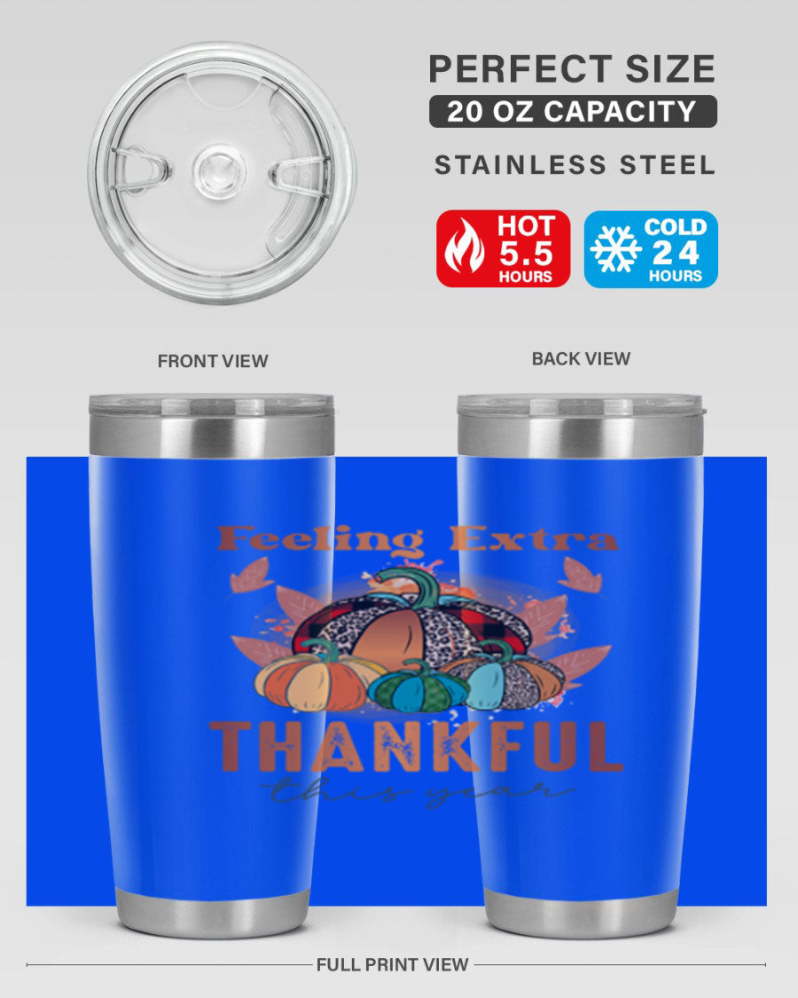 Feeling Extra Thankful tumbler featuring double wall vacuum stainless steel design, perfect for hot and cold beverages.