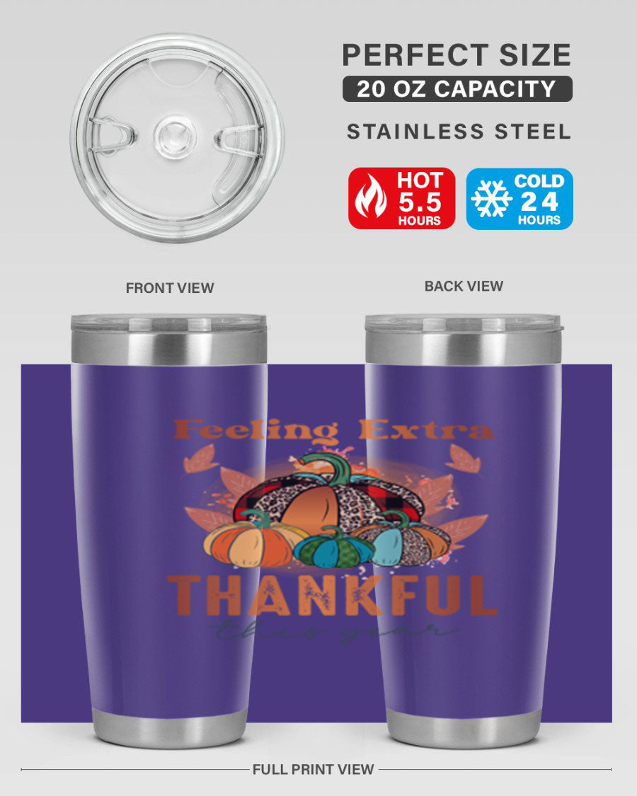 Feeling Extra Thankful tumbler featuring double wall vacuum stainless steel design, perfect for hot and cold beverages.