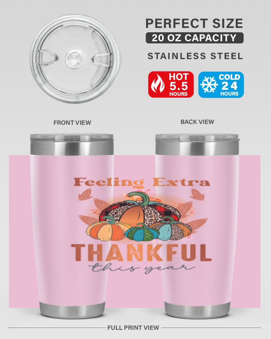 Feeling Extra Thankful tumbler featuring double wall vacuum stainless steel design, perfect for hot and cold beverages.