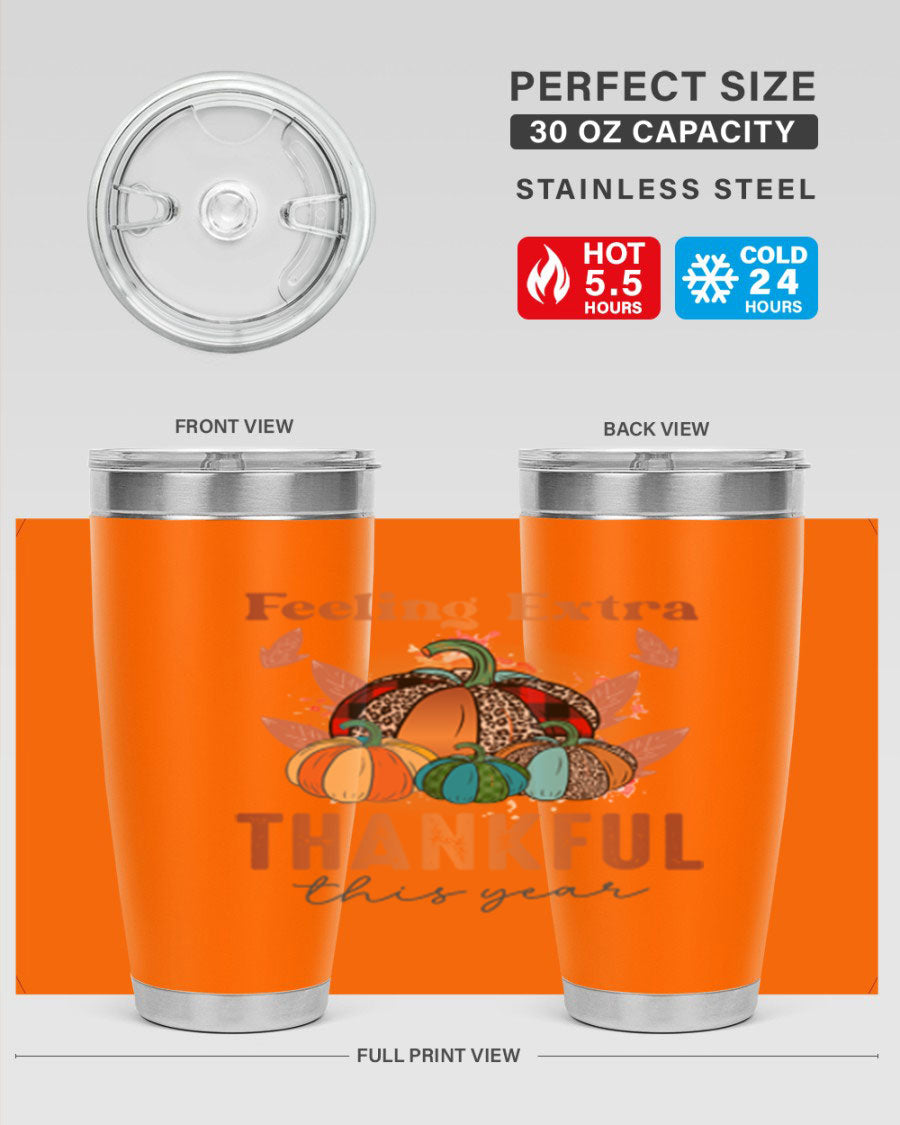 Feeling Extra Thankful tumbler featuring double wall vacuum stainless steel design, perfect for hot and cold beverages.