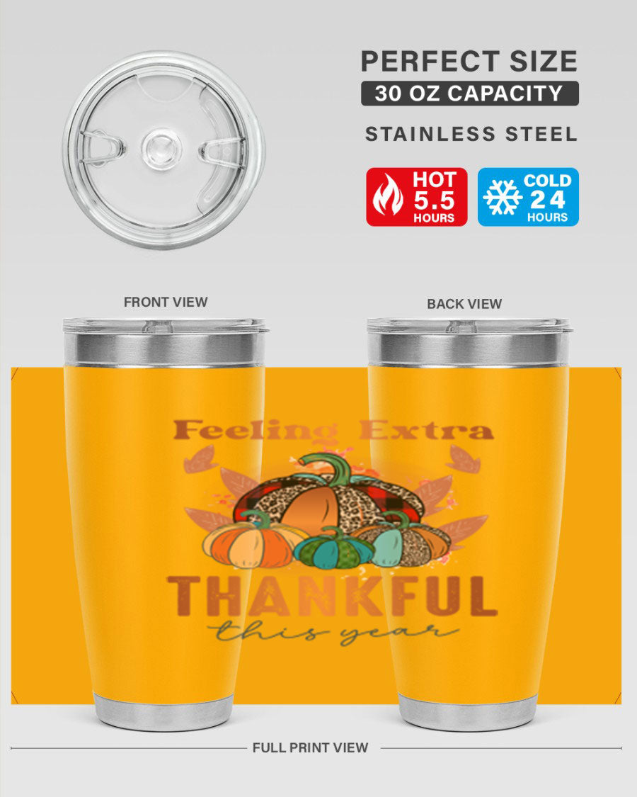 Feeling Extra Thankful tumbler featuring double wall vacuum stainless steel design, perfect for hot and cold beverages.