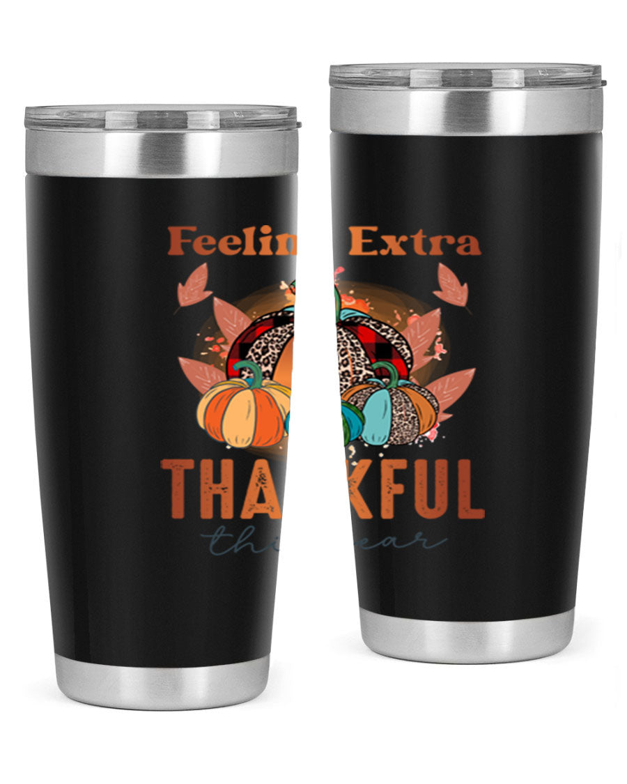 Feeling Extra Thankful tumbler featuring double wall vacuum stainless steel design, perfect for hot and cold beverages.