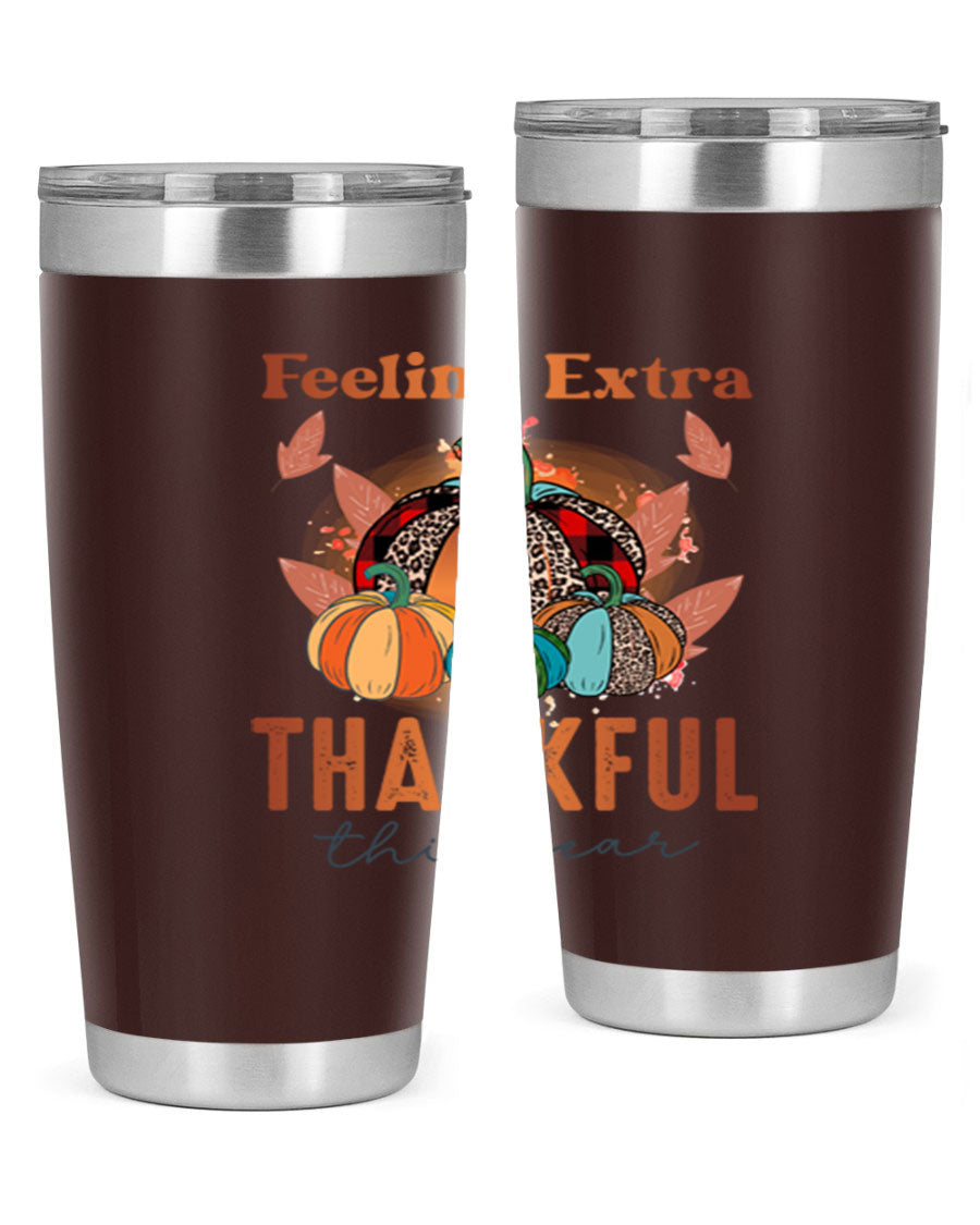 Feeling Extra Thankful tumbler featuring double wall vacuum stainless steel design, perfect for hot and cold beverages.