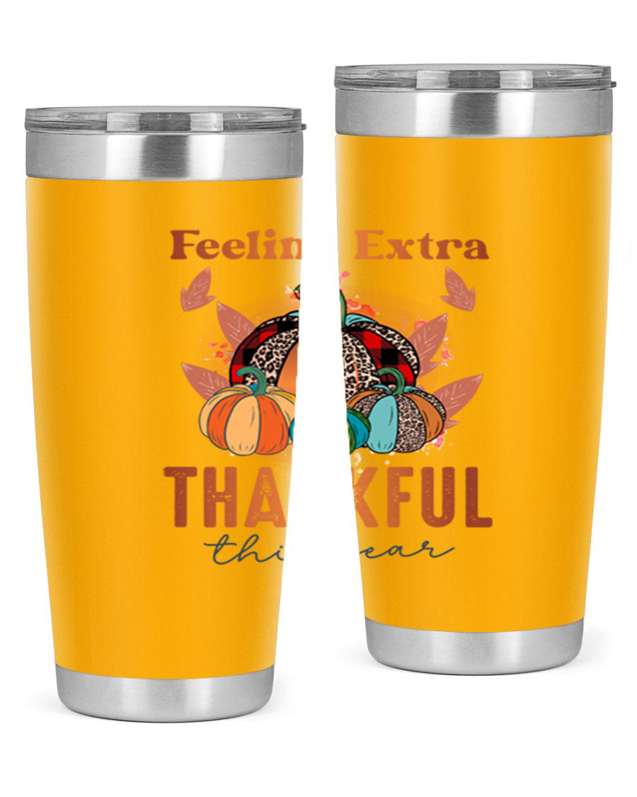Feeling Extra Thankful tumbler featuring double wall vacuum stainless steel design, perfect for hot and cold beverages.