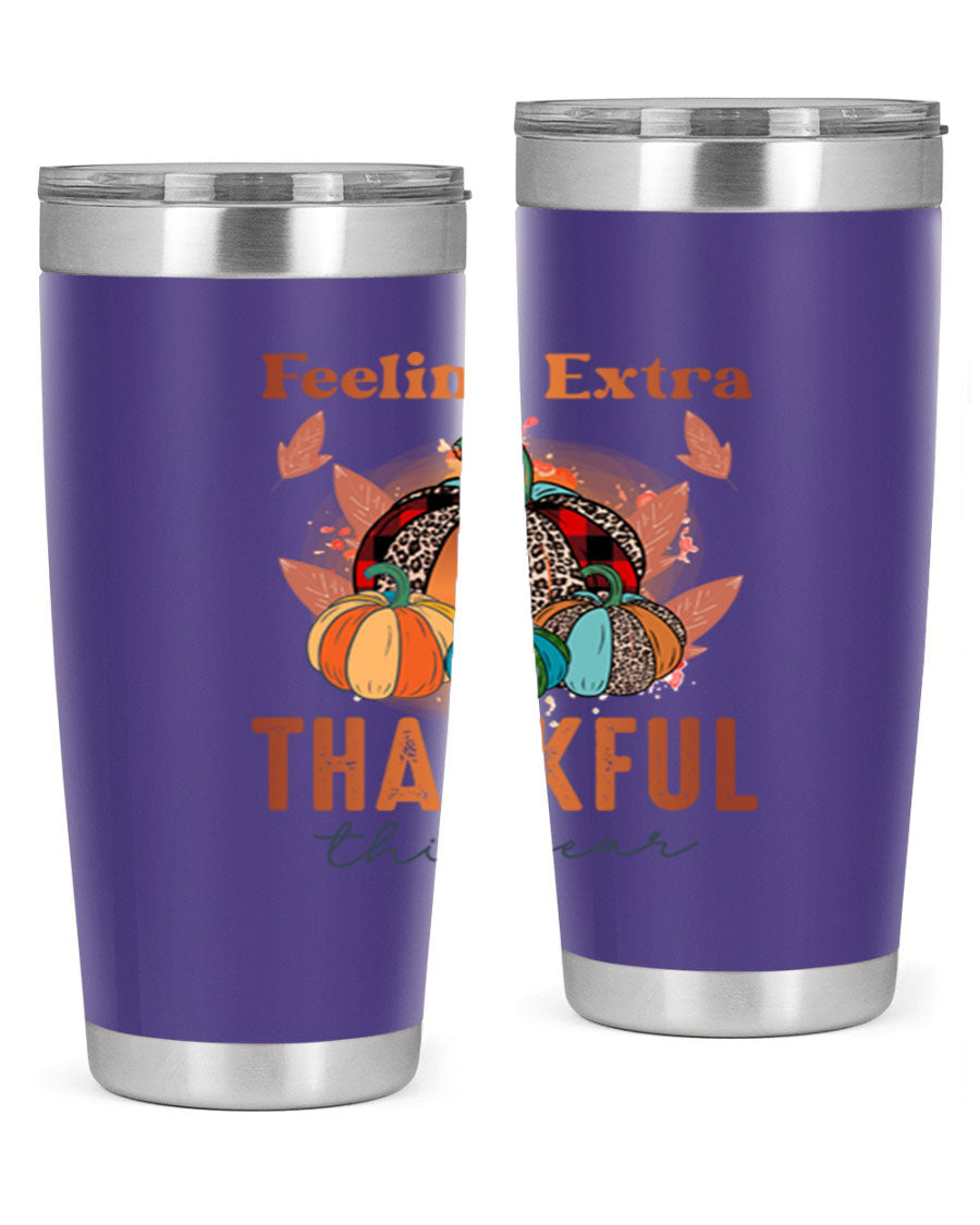 Feeling Extra Thankful tumbler featuring double wall vacuum stainless steel design, perfect for hot and cold beverages.