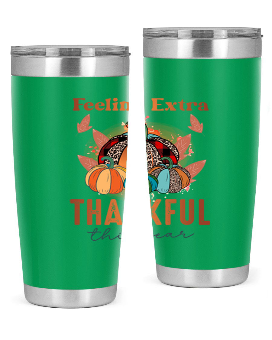 Feeling Extra Thankful tumbler featuring double wall vacuum stainless steel design, perfect for hot and cold beverages.