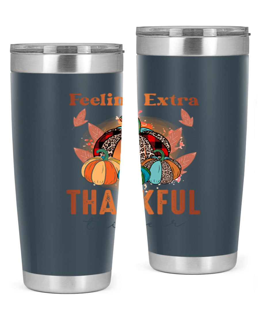 Feeling Extra Thankful tumbler featuring double wall vacuum stainless steel design, perfect for hot and cold beverages.
