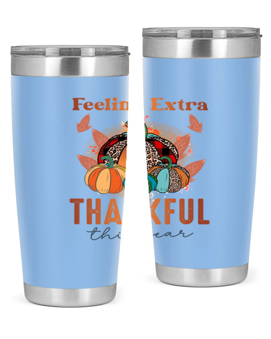 Feeling Extra Thankful tumbler featuring double wall vacuum stainless steel design, perfect for hot and cold beverages.