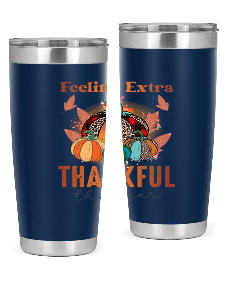 Feeling Extra Thankful tumbler featuring double wall vacuum stainless steel design, perfect for hot and cold beverages.