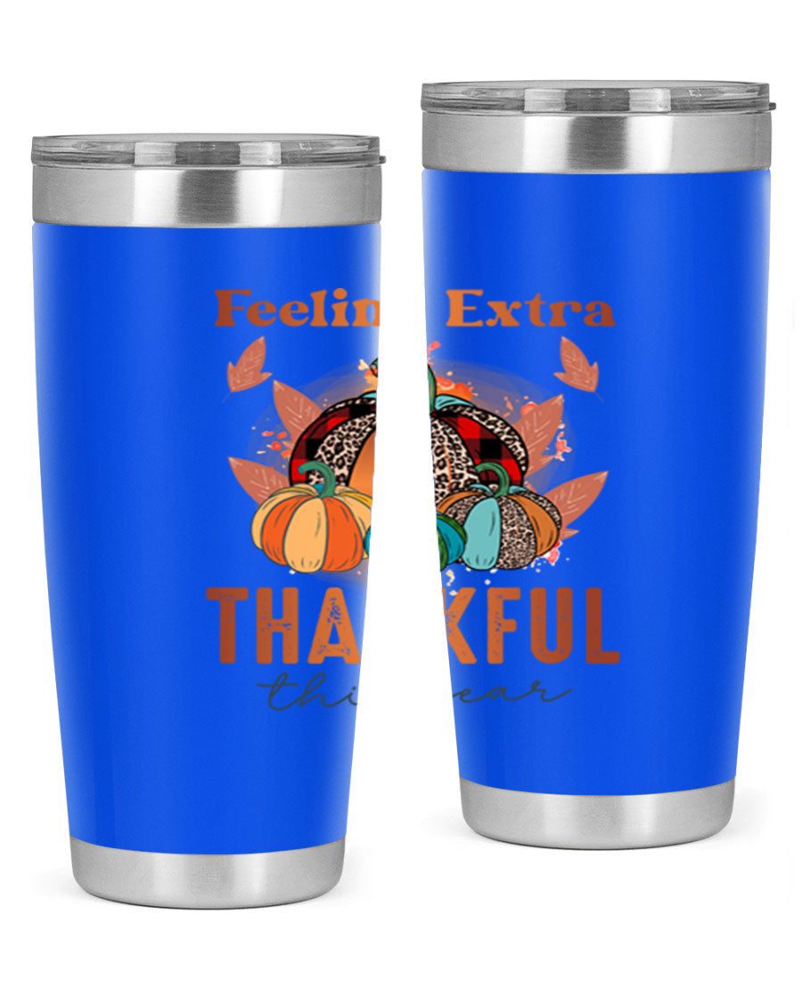 Feeling Extra Thankful tumbler featuring double wall vacuum stainless steel design, perfect for hot and cold beverages.