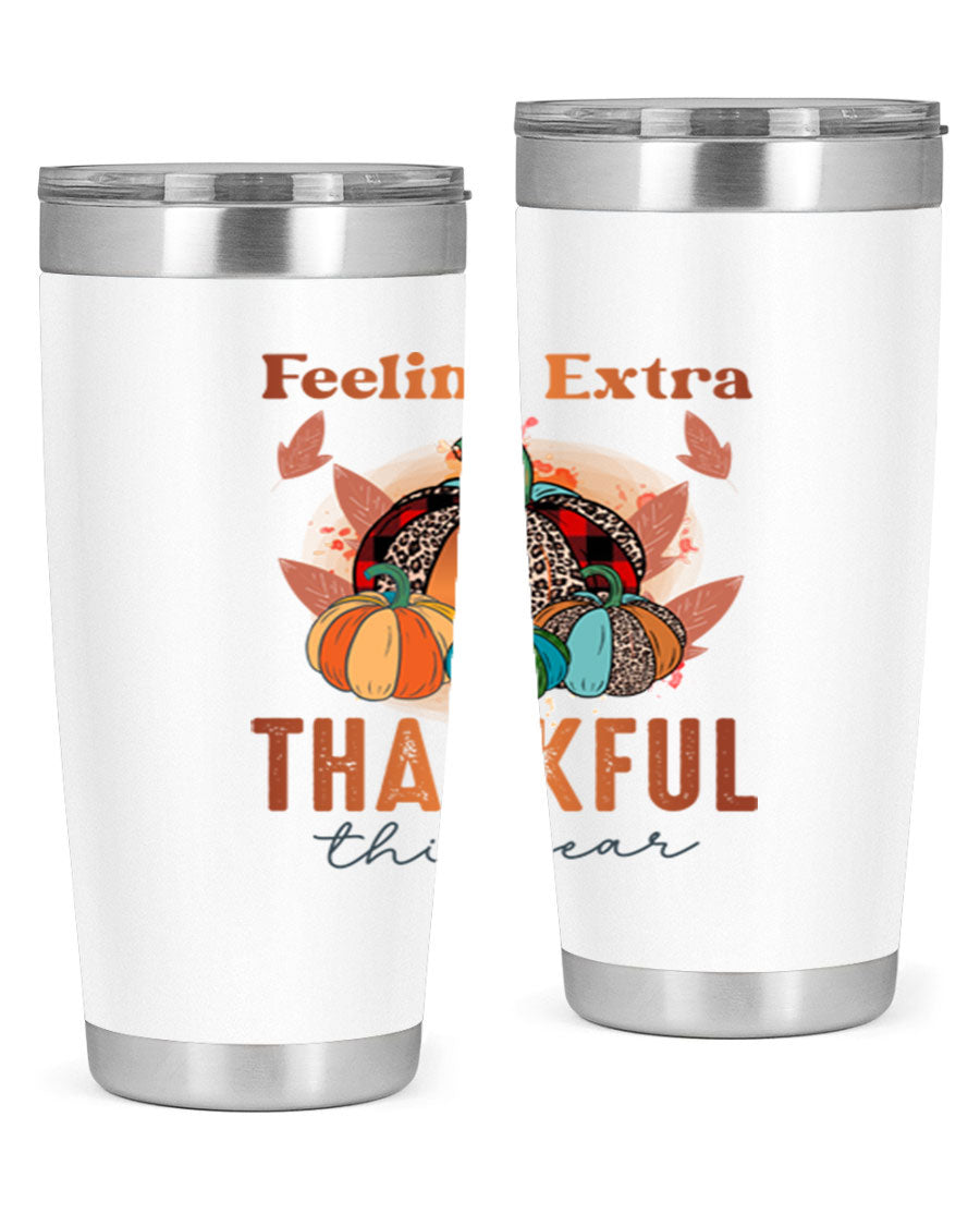 Feeling Extra Thankful tumbler featuring double wall vacuum stainless steel design, perfect for hot and cold beverages.
