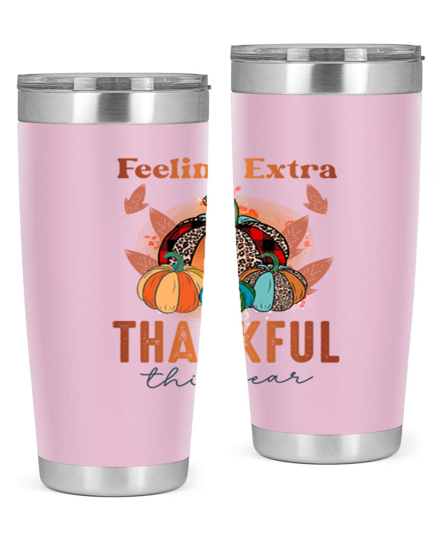 Feeling Extra Thankful tumbler featuring double wall vacuum stainless steel design, perfect for hot and cold beverages.