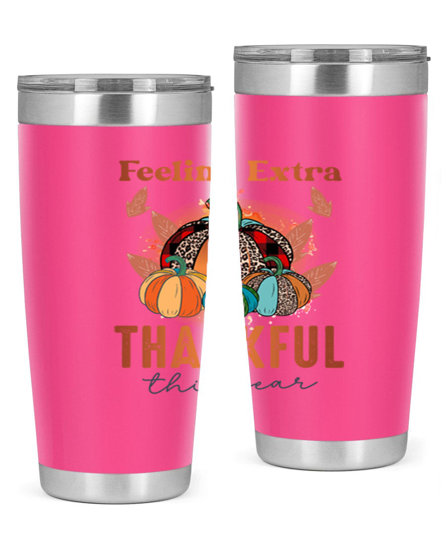 Feeling Extra Thankful tumbler featuring double wall vacuum stainless steel design, perfect for hot and cold beverages.